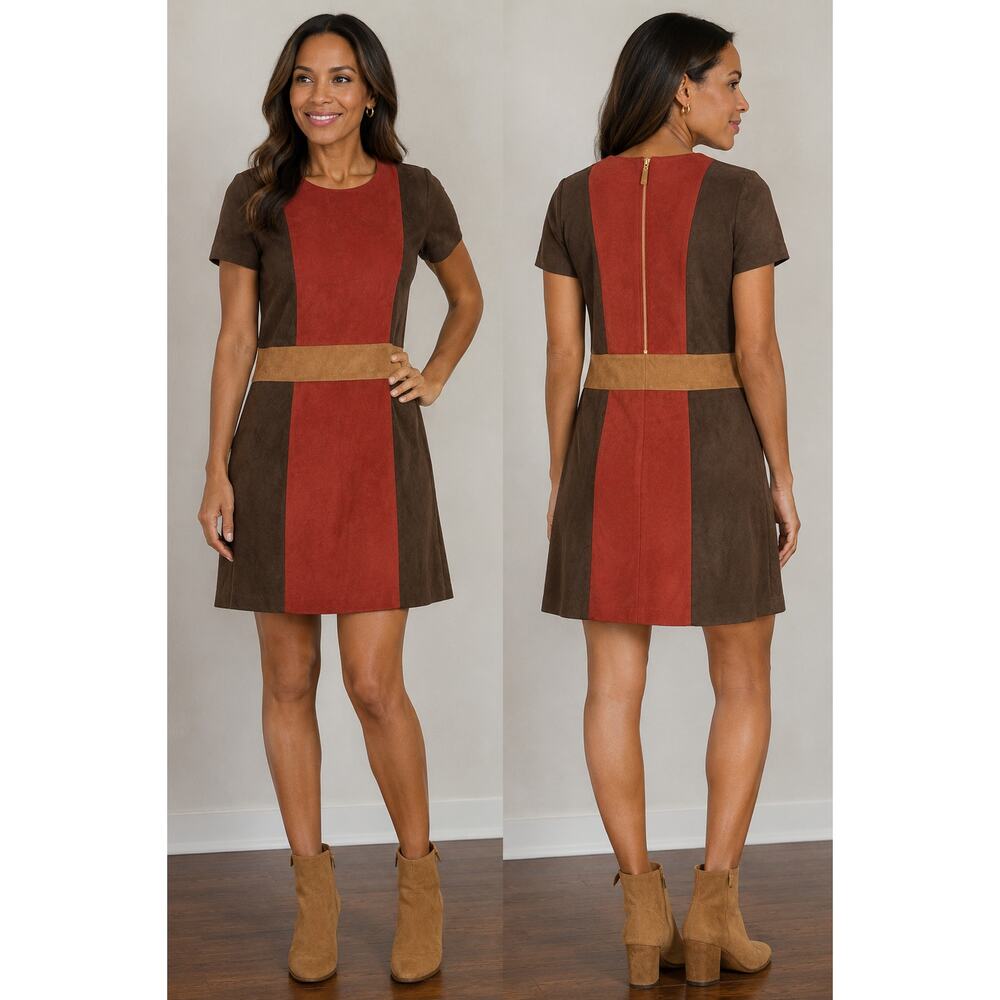 Julie Brown Faux Suede Shift Dress Tri Color Colorblock Large NWT Retro Inspired